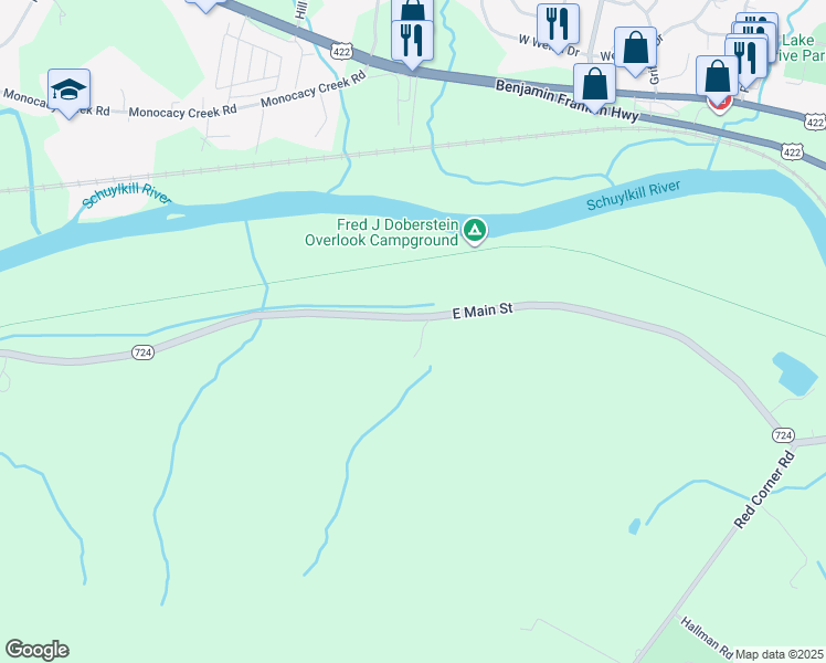 map of restaurants, bars, coffee shops, grocery stores, and more near 2032 East Main Street in Douglassville