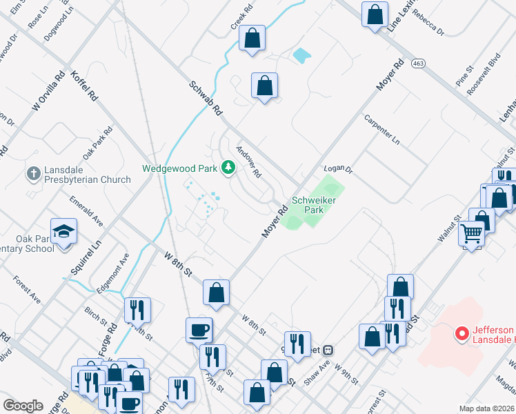 map of restaurants, bars, coffee shops, grocery stores, and more near 838 Wedgewood Drive in Lansdale