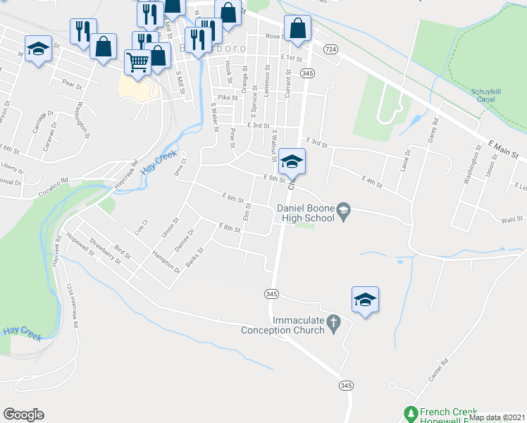 map of restaurants, bars, coffee shops, grocery stores, and more near 618 East 6th Street in Birdsboro