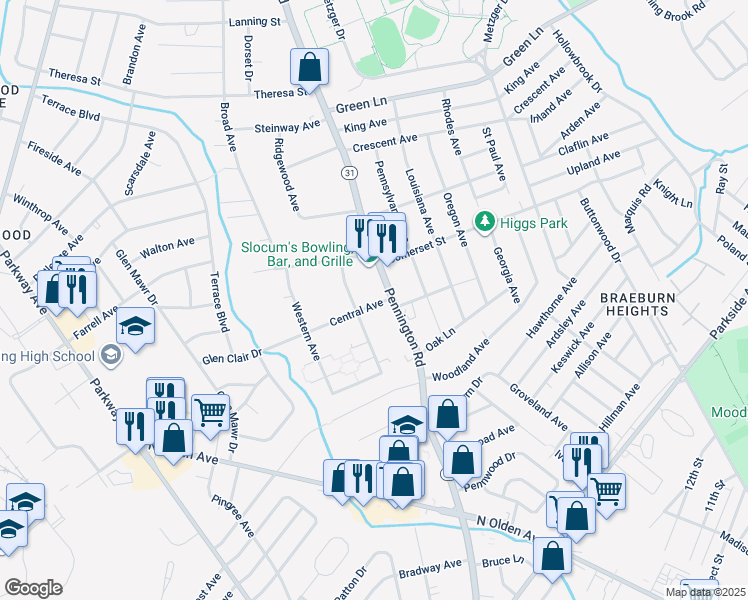 map of restaurants, bars, coffee shops, grocery stores, and more near 8 Central Avenue in Ewing Township