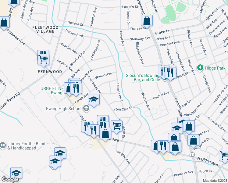 map of restaurants, bars, coffee shops, grocery stores, and more near 17 Wallace Avenue in Ewing Township