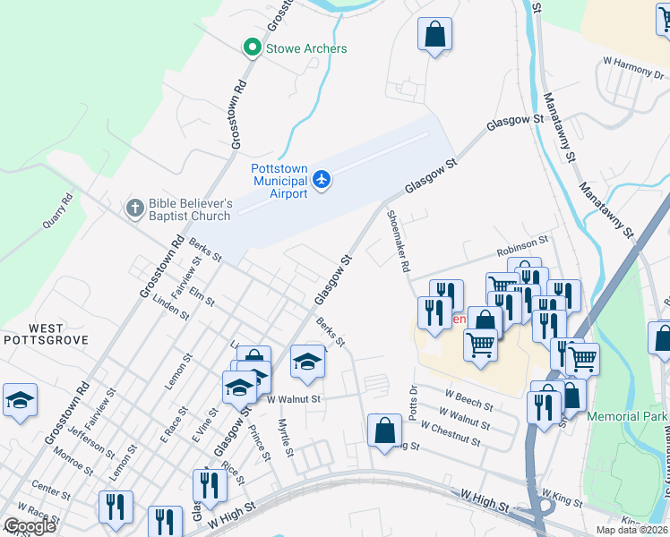 map of restaurants, bars, coffee shops, grocery stores, and more near 1003 Glasgow Street in Stowe