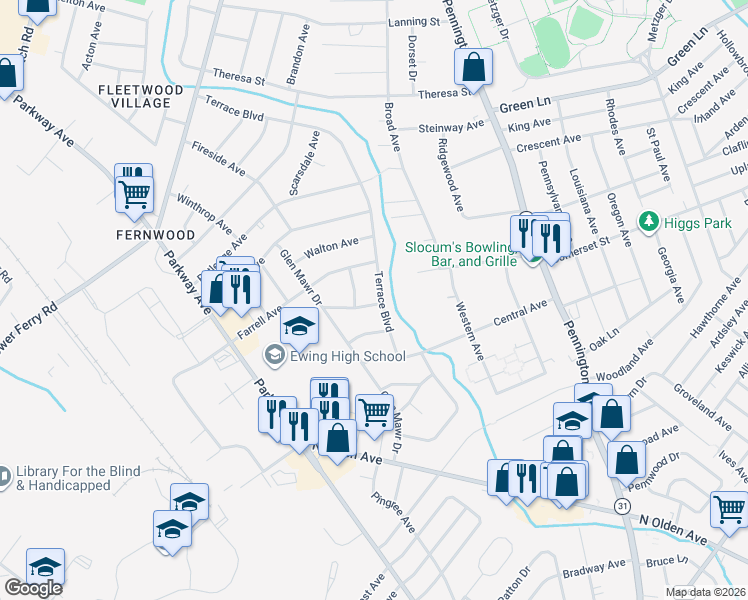 map of restaurants, bars, coffee shops, grocery stores, and more near 17 Wallace Avenue in Ewing Township