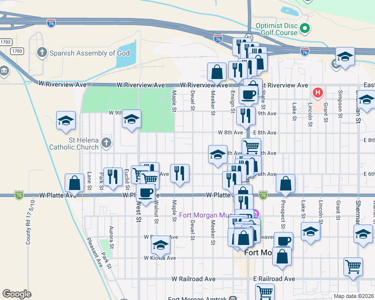 map of restaurants, bars, coffee shops, grocery stores, and more near 800 Deuel Street in Fort Morgan