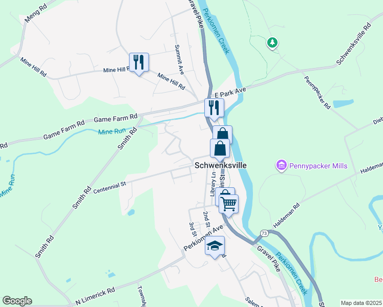 map of restaurants, bars, coffee shops, grocery stores, and more near 1221 Forest Lane in Schwenksville