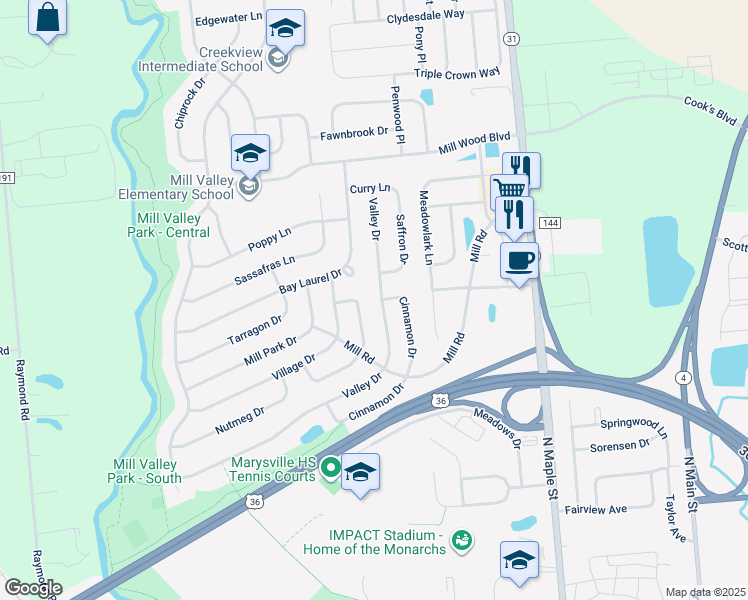 map of restaurants, bars, coffee shops, grocery stores, and more near 1500 Valley Dr in Marysville