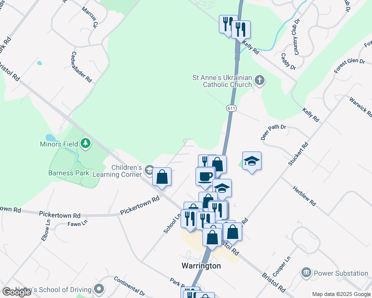 map of restaurants, bars, coffee shops, grocery stores, and more near 100 Fiddleleaf Lane in Warrington