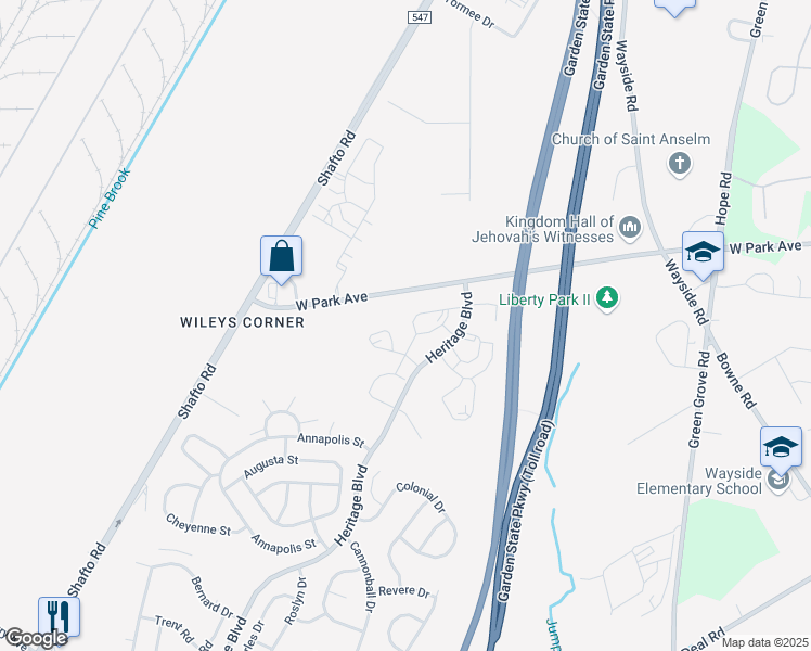map of restaurants, bars, coffee shops, grocery stores, and more near 62 Madison Court in Tinton Falls