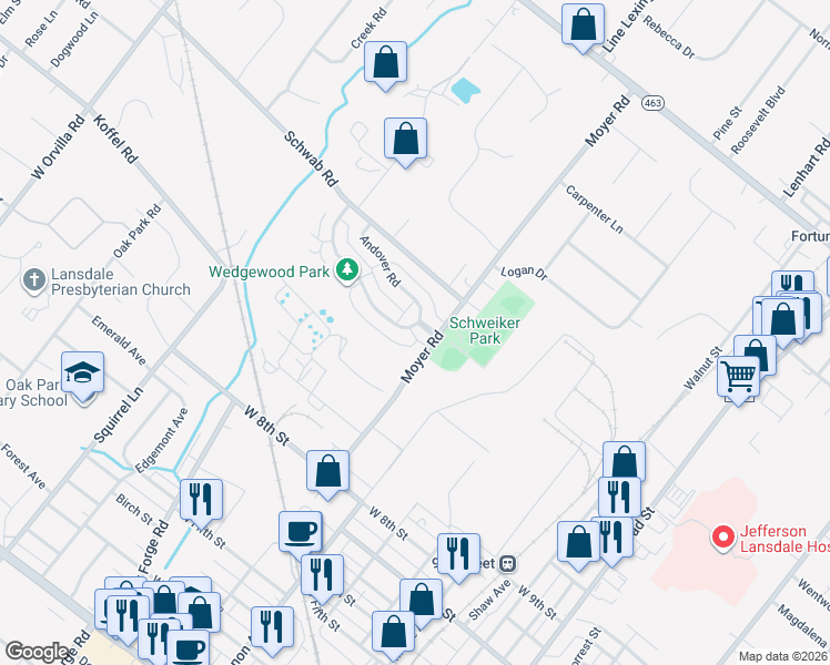 map of restaurants, bars, coffee shops, grocery stores, and more near 838 Wedgewood Drive in Lansdale