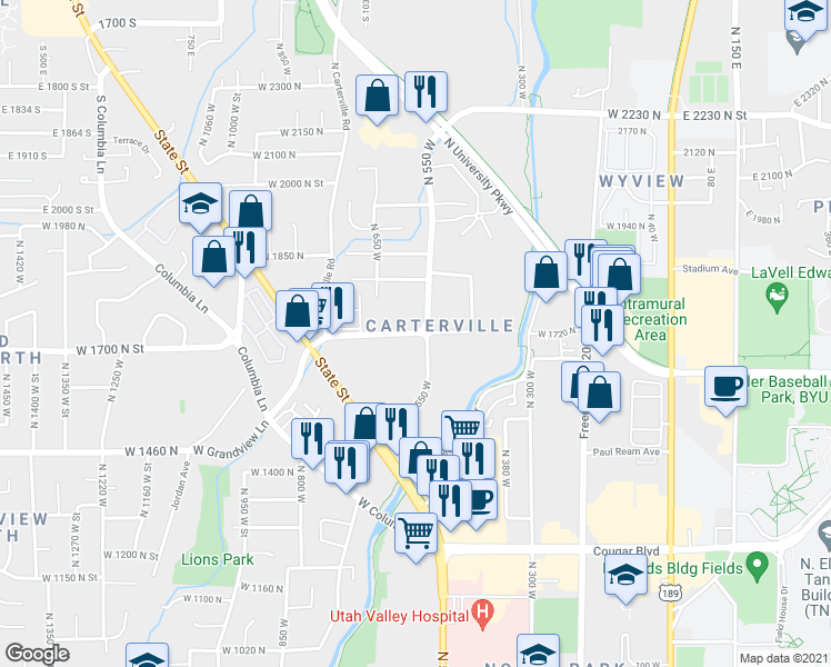 map of restaurants, bars, coffee shops, grocery stores, and more near 569 West 1720 North in Provo