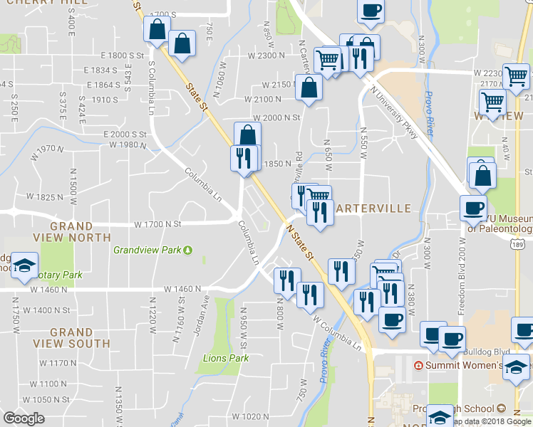 map of restaurants, bars, coffee shops, grocery stores, and more near 1671 Willowbrook Drive in Provo