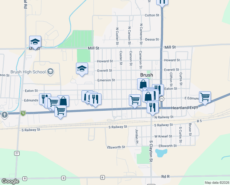 map of restaurants, bars, coffee shops, grocery stores, and more near 316 Custer Street in Brush