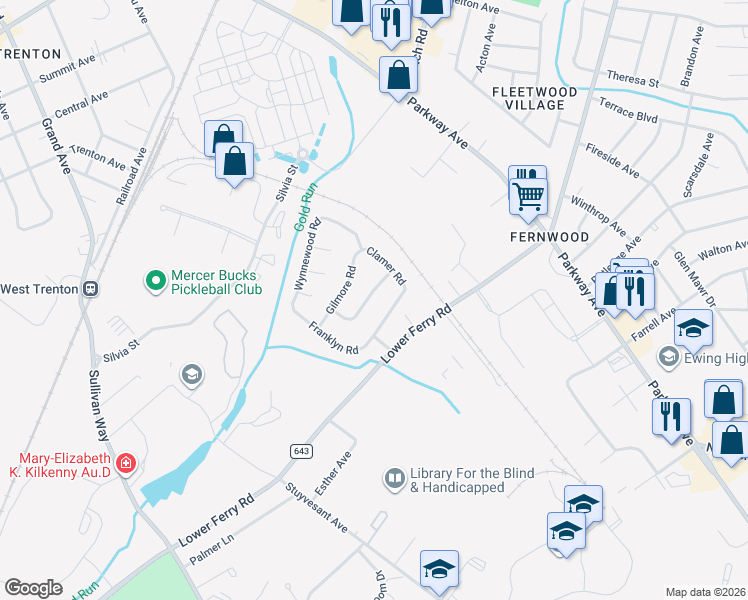 map of restaurants, bars, coffee shops, grocery stores, and more near 26 Downing Road in Ewing Township