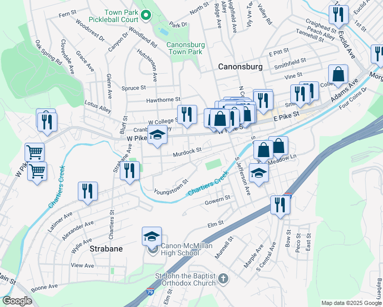 map of restaurants, bars, coffee shops, grocery stores, and more near 10 Iron Street in Canonsburg