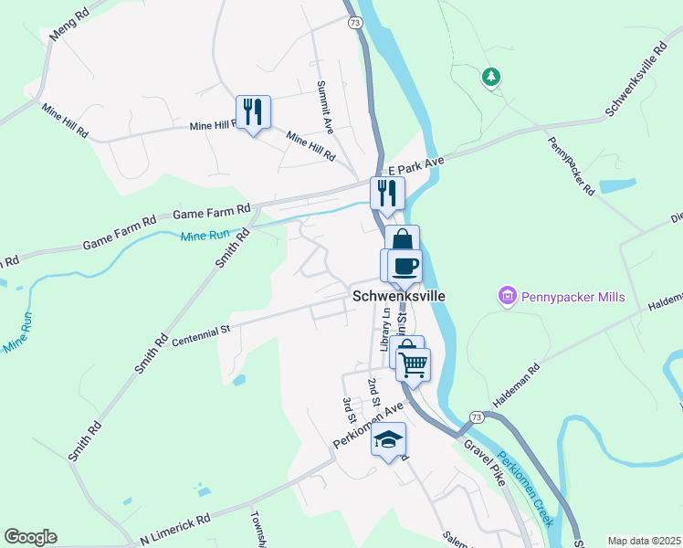 map of restaurants, bars, coffee shops, grocery stores, and more near 280 Walnut Street in Schwenksville