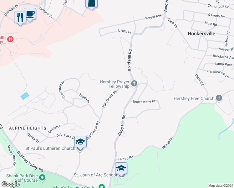 map of restaurants, bars, coffee shops, grocery stores, and more near 574 Hill Church Road in Hummelstown