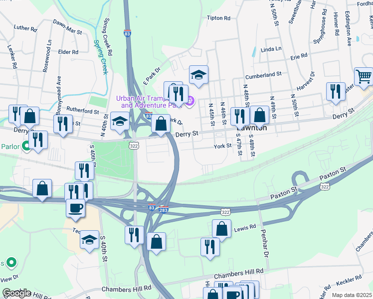 map of restaurants, bars, coffee shops, grocery stores, and more near 56 South 43rd Street in Harrisburg