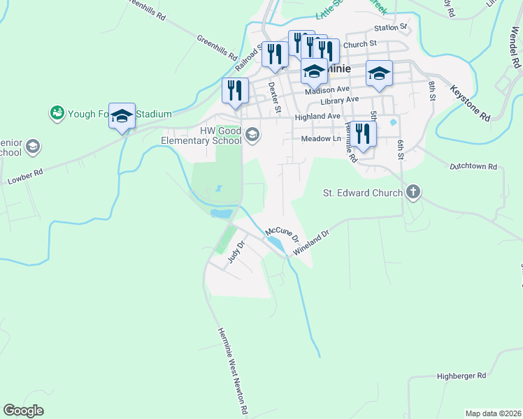map of restaurants, bars, coffee shops, grocery stores, and more near 131 Nittany Lane in Herminie