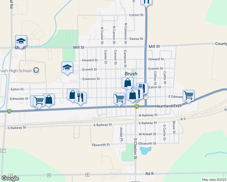 map of restaurants, bars, coffee shops, grocery stores, and more near 318 Carson Street in Brush