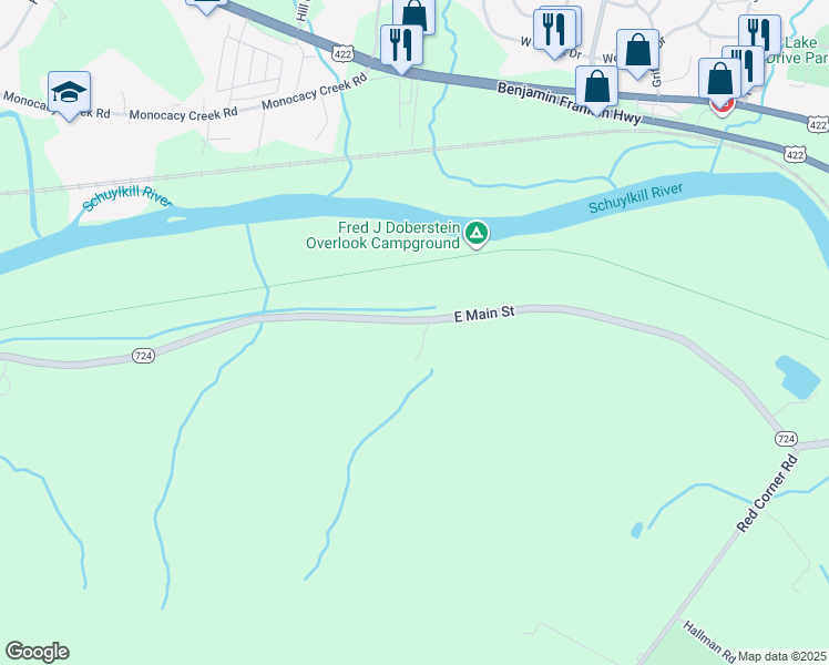 map of restaurants, bars, coffee shops, grocery stores, and more near 2032 East Main Street in Douglassville
