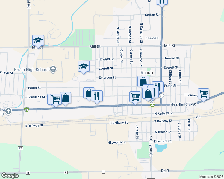 map of restaurants, bars, coffee shops, grocery stores, and more near 318 Turner Street in Brush