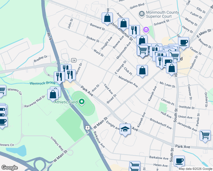 map of restaurants, bars, coffee shops, grocery stores, and more near 53 West George Street in Freehold