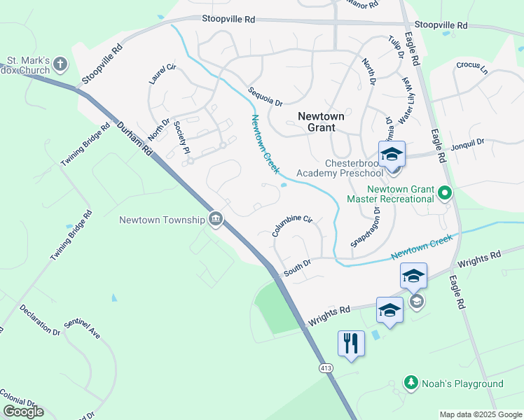 map of restaurants, bars, coffee shops, grocery stores, and more near 35 Elfreths Court in Newtown
