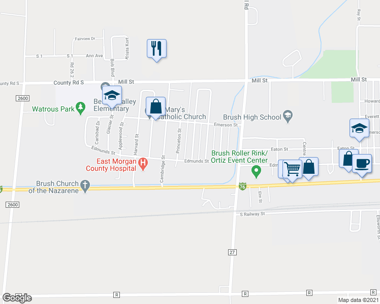 map of restaurants, bars, coffee shops, grocery stores, and more near 312 Howell Avenue in Brush