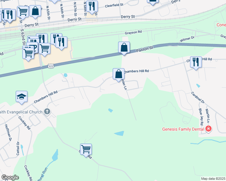 map of restaurants, bars, coffee shops, grocery stores, and more near 7201 Audubon Dr in Harrisburg