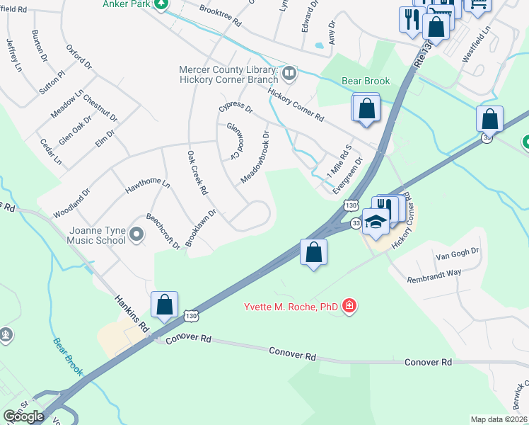map of restaurants, bars, coffee shops, grocery stores, and more near 215 Oak Creek Circle in East Windsor