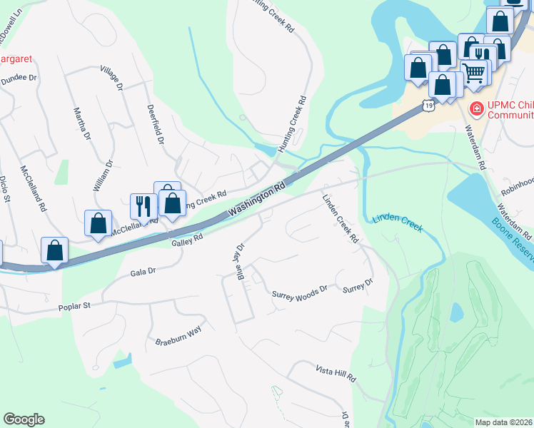 map of restaurants, bars, coffee shops, grocery stores, and more near 160 Galley Road in Canonsburg