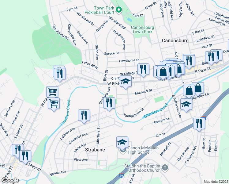 map of restaurants, bars, coffee shops, grocery stores, and more near 39 Payne Place in Canonsburg