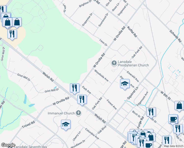 map of restaurants, bars, coffee shops, grocery stores, and more near 253 West Orvilla Road in Hatfield