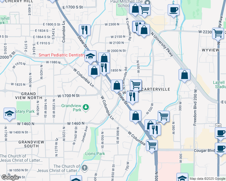 map of restaurants, bars, coffee shops, grocery stores, and more near 1661 Willowbrook Drive in Provo
