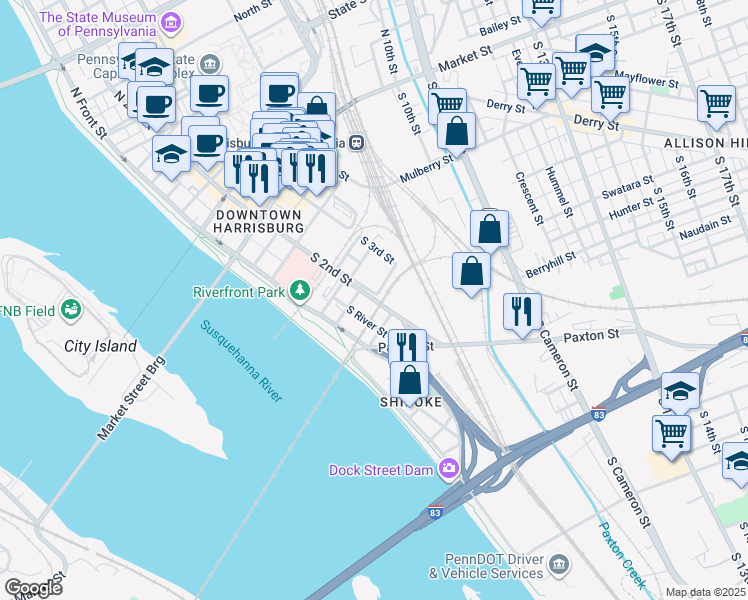 map of restaurants, bars, coffee shops, grocery stores, and more near 325 South 2nd Street in Harrisburg