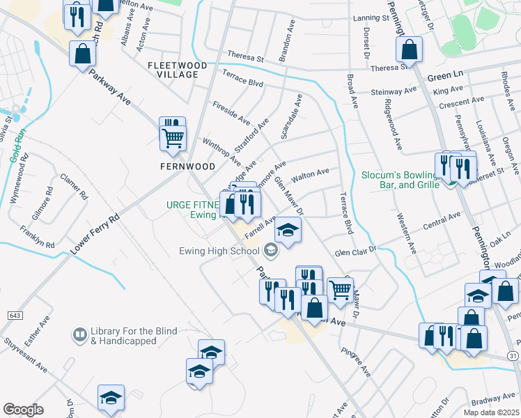 map of restaurants, bars, coffee shops, grocery stores, and more near 8 Boone Avenue in Ewing Township