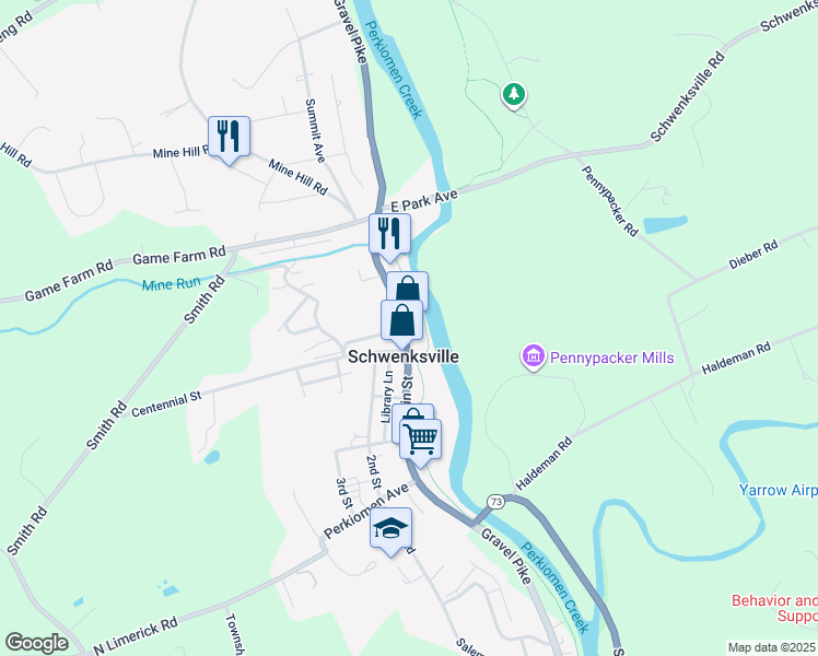 map of restaurants, bars, coffee shops, grocery stores, and more near 524 Main Street in Schwenksville