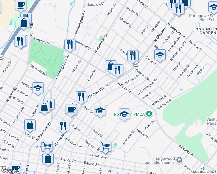 map of restaurants, bars, coffee shops, grocery stores, and more near 775 North Evans Street in Pottstown