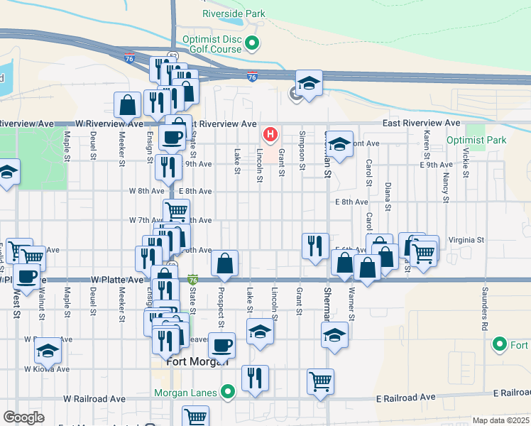 map of restaurants, bars, coffee shops, grocery stores, and more near 806 Lincoln Street in Fort Morgan