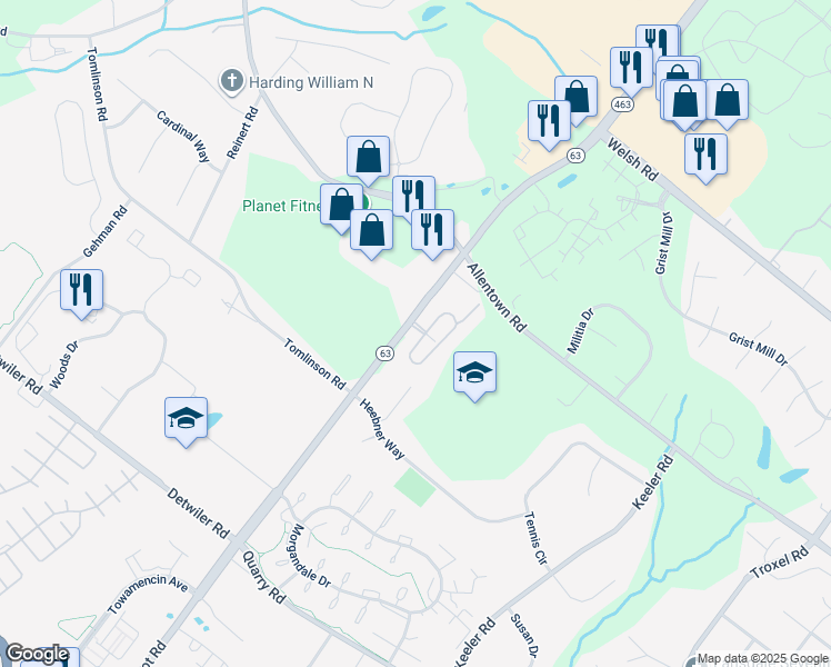 map of restaurants, bars, coffee shops, grocery stores, and more near 2 Newbury Way in Lansdale