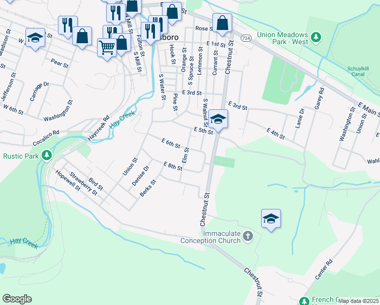 map of restaurants, bars, coffee shops, grocery stores, and more near 618 East 6th Street in Birdsboro