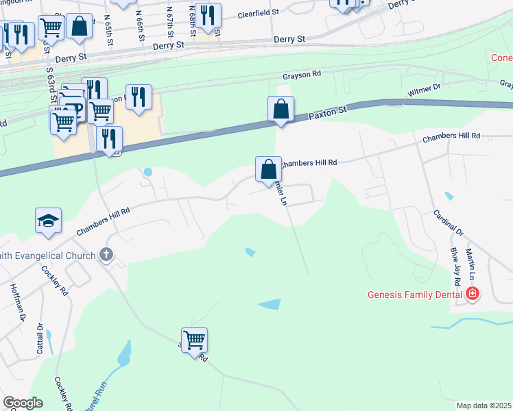 map of restaurants, bars, coffee shops, grocery stores, and more near 7201 Audubon Dr in Harrisburg