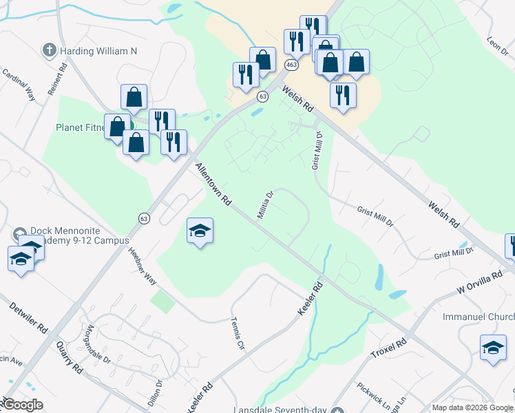 map of restaurants, bars, coffee shops, grocery stores, and more near 447 Militia Drive in Lansdale