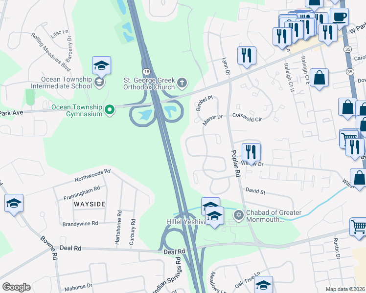 map of restaurants, bars, coffee shops, grocery stores, and more near 79 Old Orchard Lane in Monmouth County