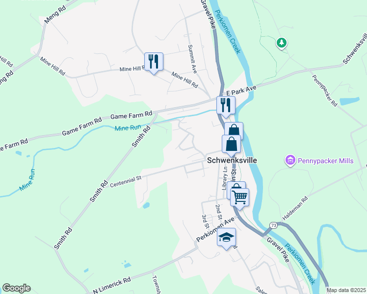 map of restaurants, bars, coffee shops, grocery stores, and more near 62 Pennypacker Drive in Schwenksville