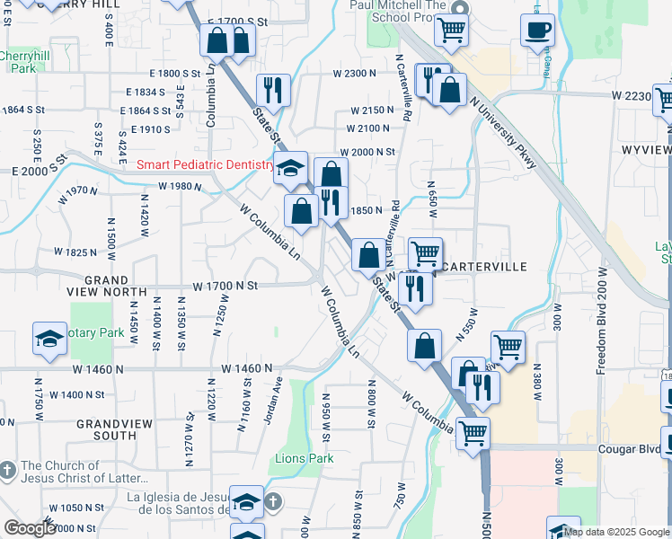 map of restaurants, bars, coffee shops, grocery stores, and more near 1750 North 950 West Street in Provo