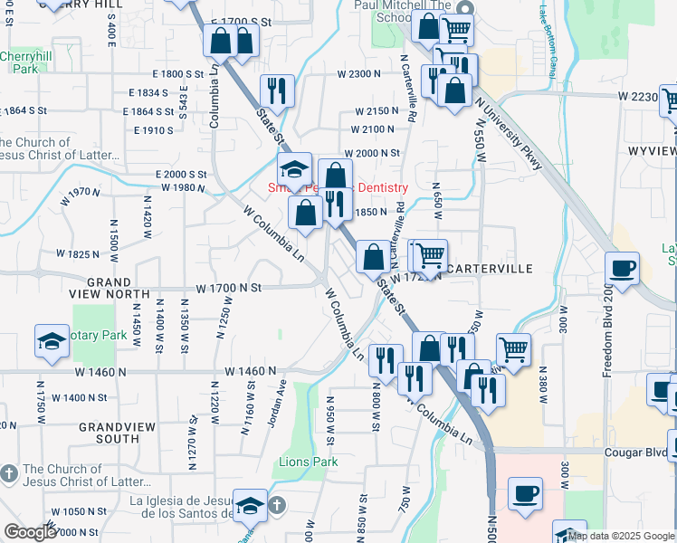 map of restaurants, bars, coffee shops, grocery stores, and more near 1750 North 950 West Street in Provo