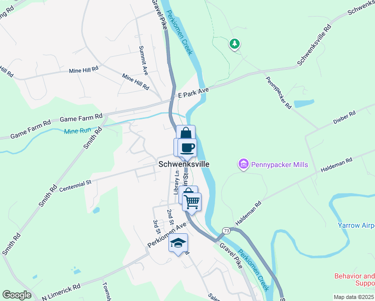 map of restaurants, bars, coffee shops, grocery stores, and more near 524 Main Street in Schwenksville
