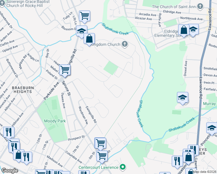 map of restaurants, bars, coffee shops, grocery stores, and more near 72 Hardwick Drive in Ewing Township