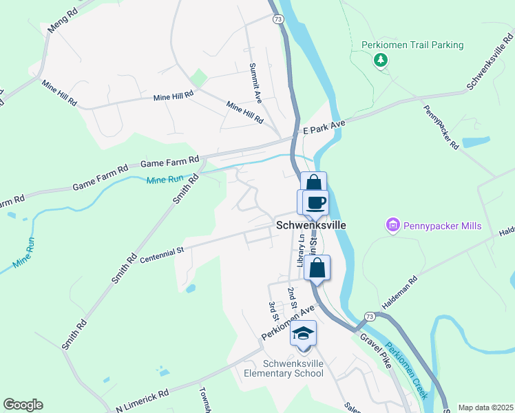 map of restaurants, bars, coffee shops, grocery stores, and more near 1 Forest Lane in Schwenksville